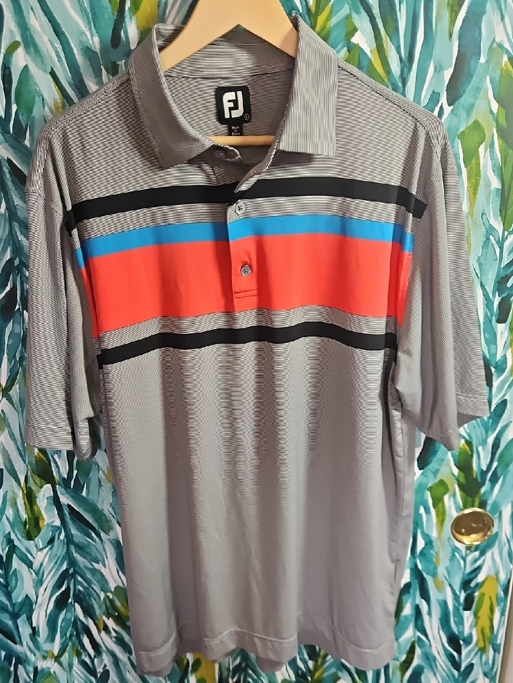 FootJoy Men’s Gray Polo with Red, Black, and Blue Stripes
